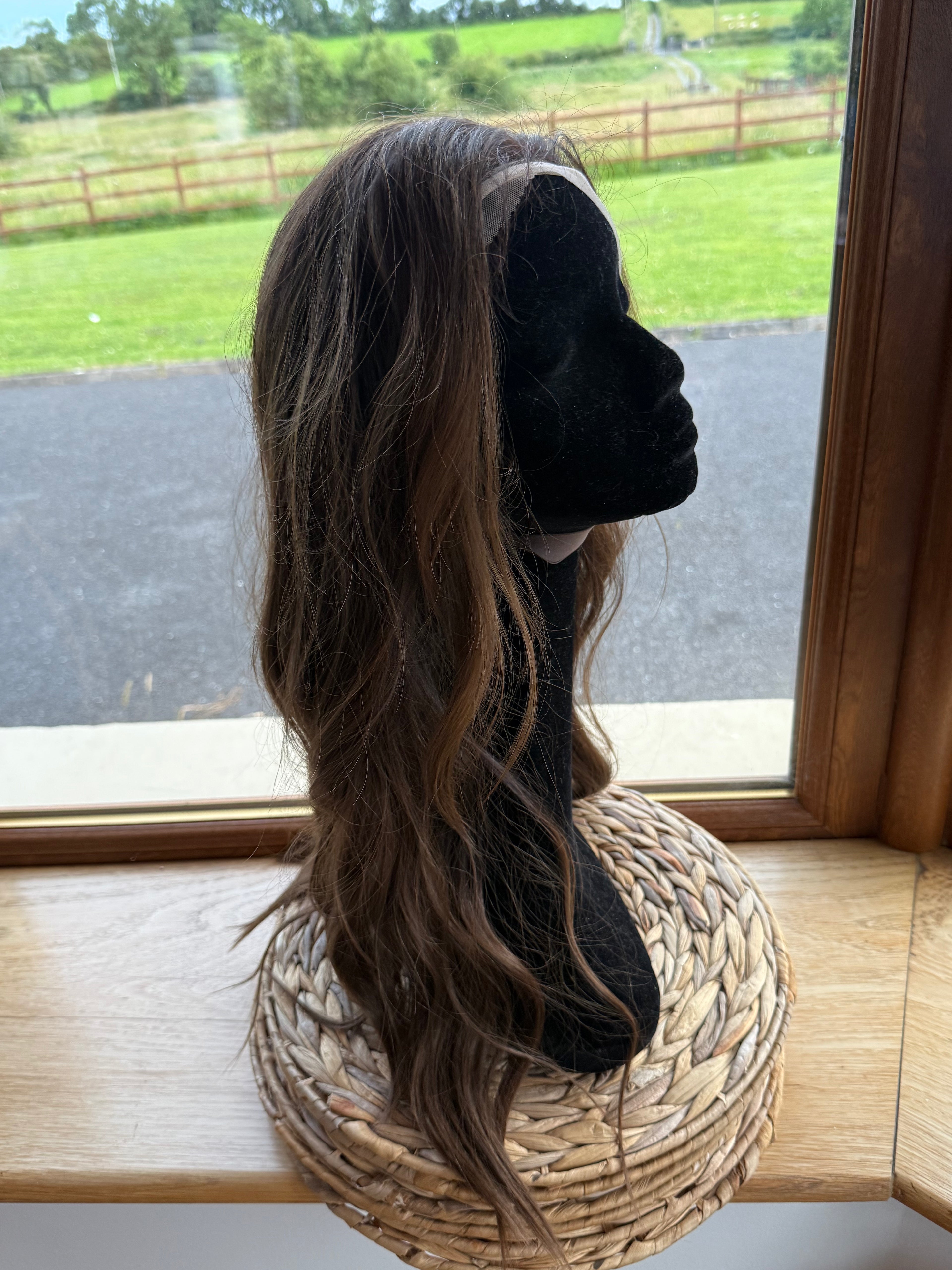 Dark Brunette  with mix low lights Human Wig 18 Inch mono Top