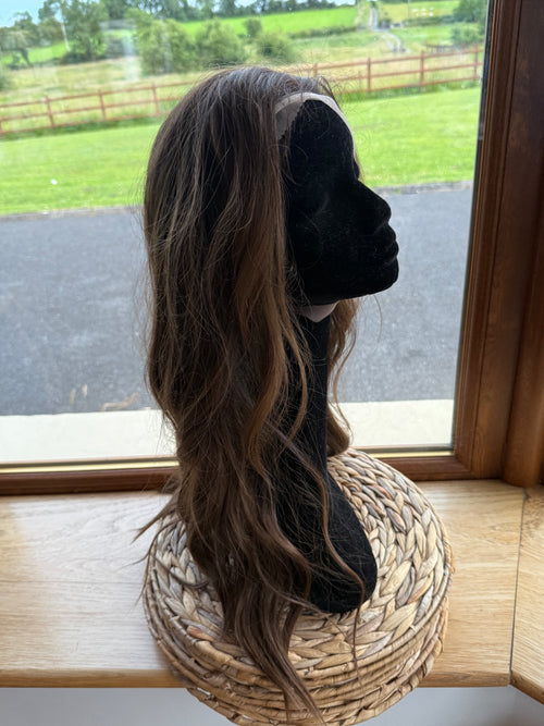 Dark Brunette  with mix low lights Human Wig 18 Inch mono Top