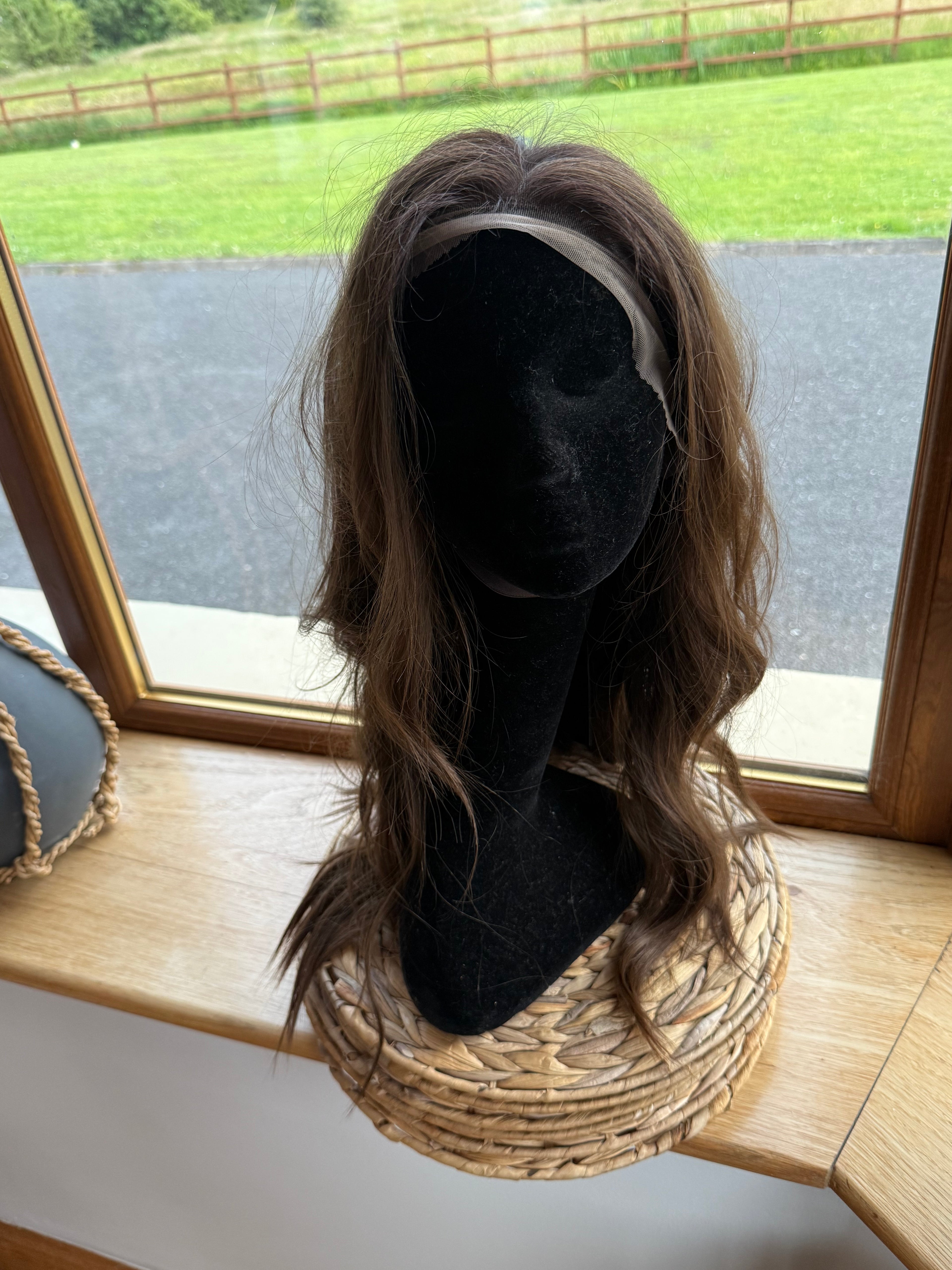 Dark Brunette  with mix low lights Human Wig 18 Inch mono Top